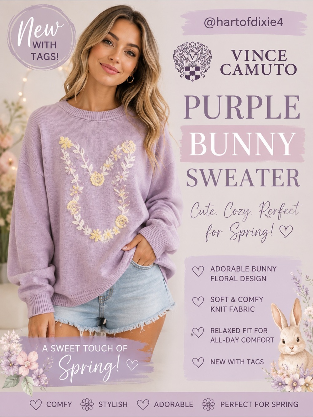 Vince Camuto Lavender Bunny Floral Crewneck Sweater
